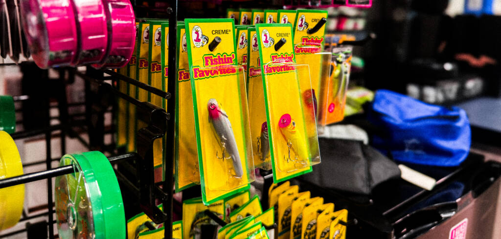 Fishing lures and gear be displayed for sale at emerald cove marina store on bullards bar reservoir