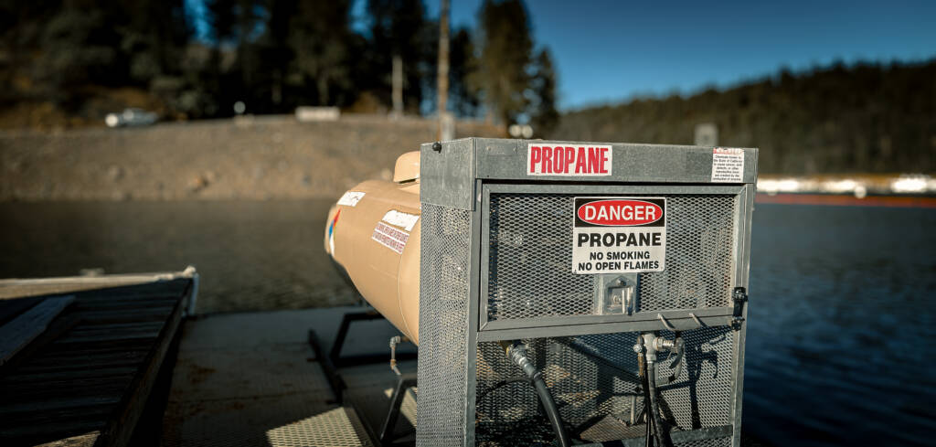 Floating propane refill barge at Emerald Cove Marina on Bullards bar reservoir