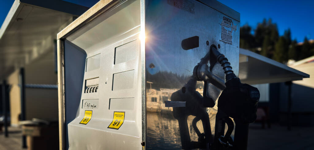 Fuel Pump at emerald cove marina on bullards bar showing high rade 91 octane of fuel