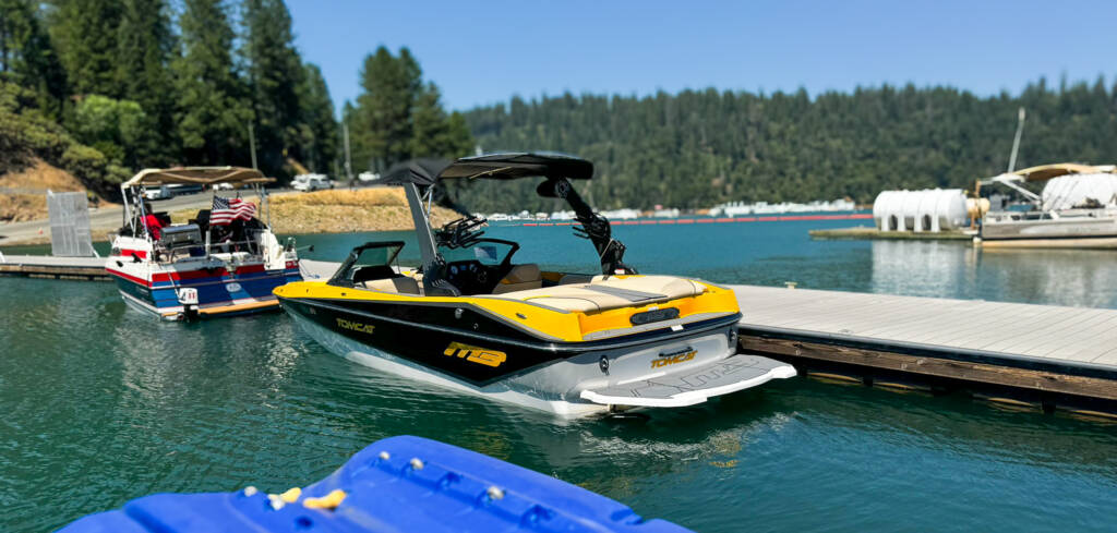 Mb Tomcat side tied on the dock at Emerald Cove Marina