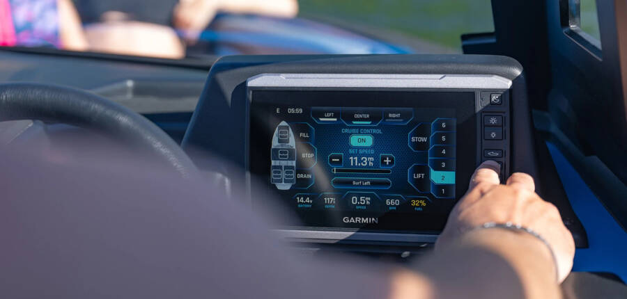 Dash display for the axis t220 rental boat showing the high tech screen controls for the boat.